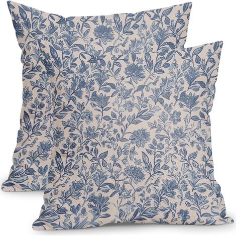 Kissenbezug im Vintage-Stil aus Baumwolle und Leinen mit Blumenmuster, beidseitig bedruckt, verdeckter Reißverschluss, blau, 45 x 45 cm, 2er-Set.