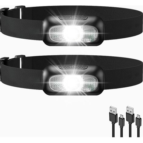 2 Stück wiederaufladbare LED-Stirnlampe, Taschenlampe mit 5 Beleuchtungsmodi, IP44 wasserdicht, tragbare Stirnlampe mit rotem Licht für Radfahren, Camping, Wandern, Heimwerken [Energieklasse A+++]