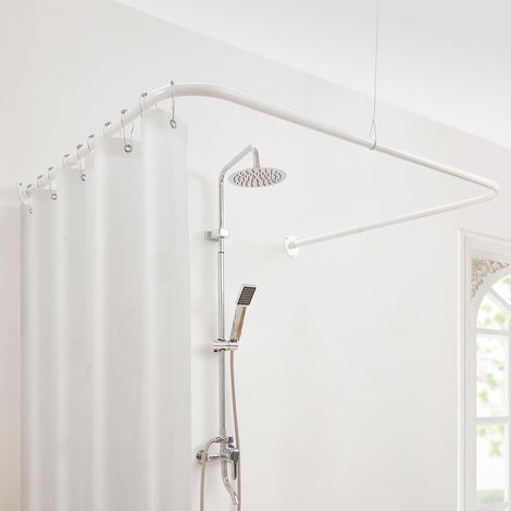 Tringle à rideau de douche en forme de U pour salle de bain, magasin de vêtements, acier inoxydable 304 avec 12 crochets à anneaux et support de plafond des deux côtés : 60 cm - 132 cm, milieu : 78 (1/5)