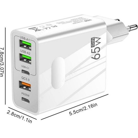 Chargeur Rapide 65W Prise Multiple avec 2 USB C + 2 USB + 1 QC 3.0 Chargeur 5 Ports pour Samsung Galaxy Tab A9+ Plus 11" Blanc (1/5)