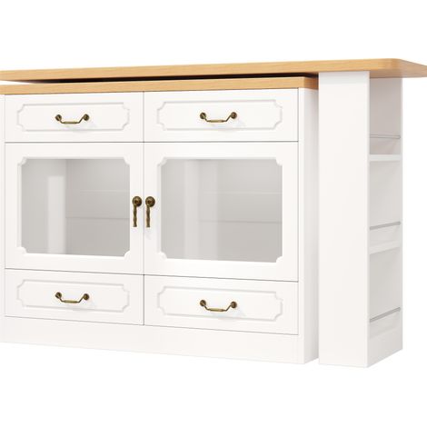 Mesa de bar extensible giratoria 360° con almacenaje y LED 135-203x39x92,8 cm MDF blanco HOMVRA (1/4)