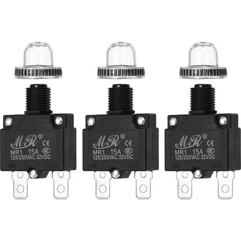 3 Pcs 15Amp Interrupteur À Bouton-Poussoir 125/250V AC 32V DC Protection Thermique Contre Les Surcharges, Avec Réinitialisation Manuelle Et Capuchons De Bouton Étanches (1/5)