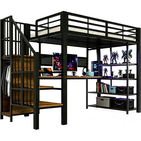 CHICFURN Cama alta 90 x 200 cm con escritorio largo, estantería y panel perforado, escalera con almacenaje, LED RGB, enchufe europeo, metal y madera, negra (1/5)