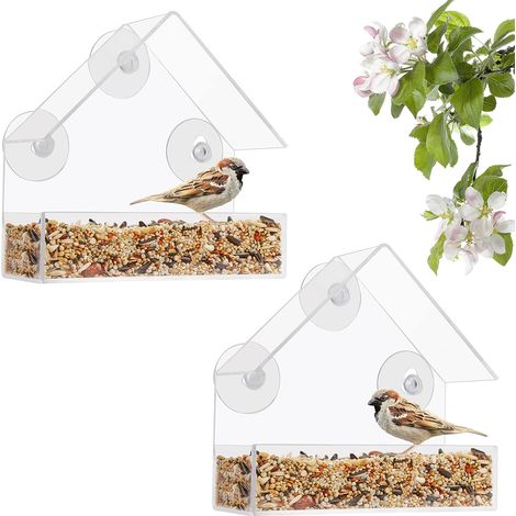 Transparente Vogelfutterstation aus Kunststoff (2er-Set) – Transparentes Vogelhaus/Futterstation aus Kunststoff mit Saugnäpfen und Futterschale – Beobachten Sie Vögel wie Finken, Spatzen und andere