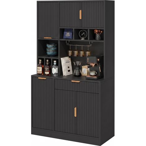 FurnitureR Black Drinks Cabinet 100x40x175cm Tall Kitchen Sideboard with Stemware Holder Bottle Storage Adjustable Shelves USB Ports (1/5)