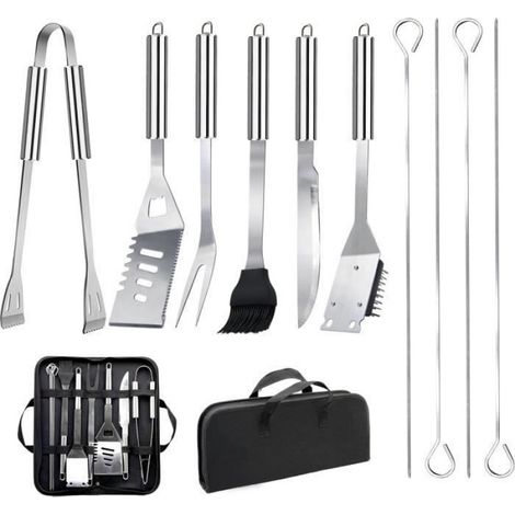 11 ustensiles barbecue, acier inoxydable, spatule dentelée, fourchette, pinces, sac portable, extérieur (1/3)