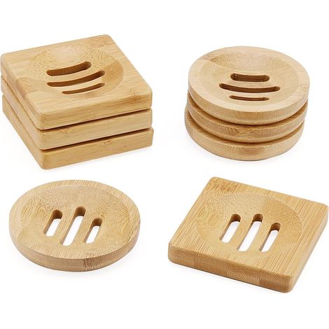 Lot de 8 porte-savons en bambou naturel carré et rond pour salle de bain, douche, maison, toilettes, cuisine, hôtel (1/5)