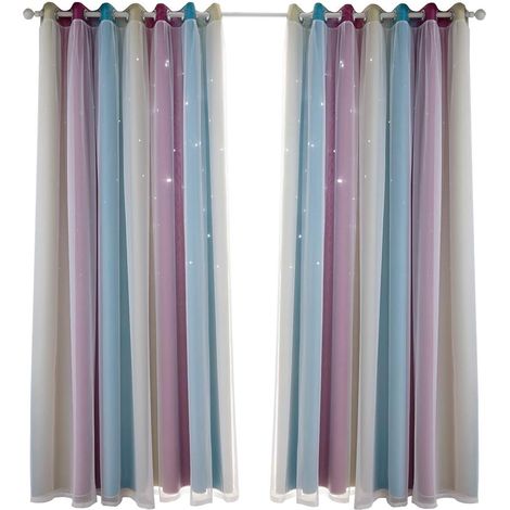 Rideaux à étoiles doubles ajourées, rideaux à étoiles double couche pour chambres de petites filles, rideaux colorés pour chambres d'enfants avec voile, rideaux occultants (vert 53 po L x 63 po H) (1/5)