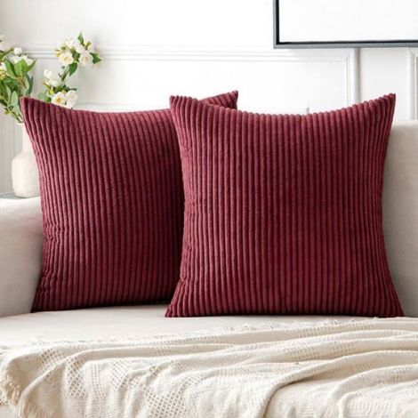 Housse De Coussin - Velours Côtelé - 45 x 45 cm - Décor Intérieur Boho - Rouge Foncé - Lot De 2 (1/5)
