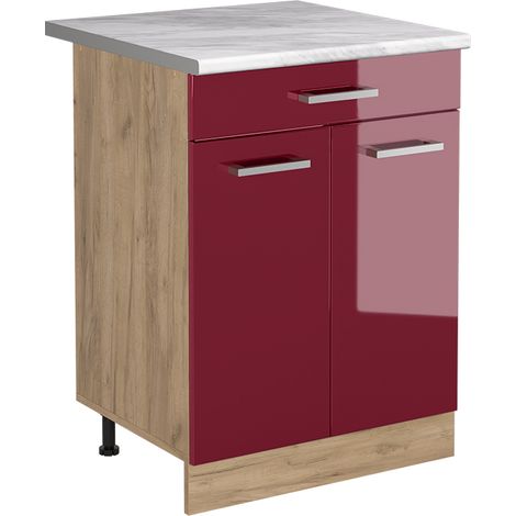 Küchenunterschrank R-Line, Rot Hochglanz/Goldkraft Eiche, 60 cm mit Schublade Arbeitsplatte Marmor, Vicco (1/5)