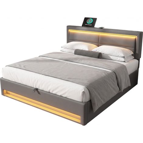 CHICFURN Letto imbottito 140x190 cm grigio in PU con LED, USB e contenitore, senza materasso (1/5)