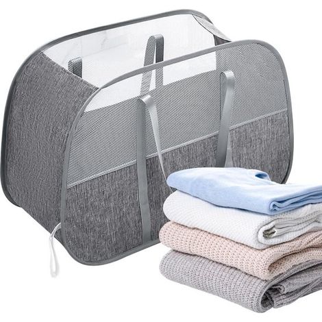 Cesto de ropa plegable - Organizador de ropa - Ahorra espacio - Malla de ventilación - Capacidad de 90 litros - Gris (1/5)