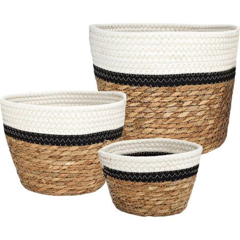 Lot de 3 Corbeilles Tressées en Jonc de Mer Naturel et Coton Noir et Blanc (1/5)