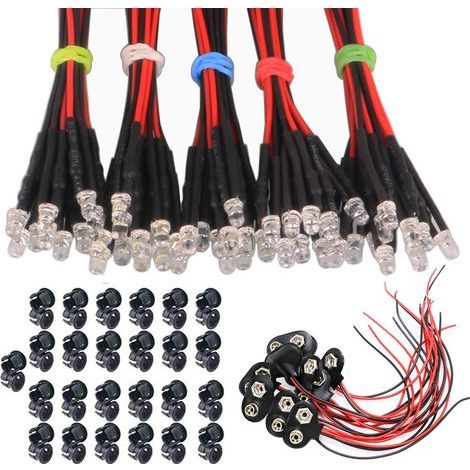 50Pcs 3mm Diode LED Pré-câblée Lumière, Diode Ampoule LED Câblé, Diode électroluminescente + 50Pcs Plastique 3mm LED Lumiere Panneau de Support de Montage+10PCS Type T Connecteur Pile 9V (1/5)