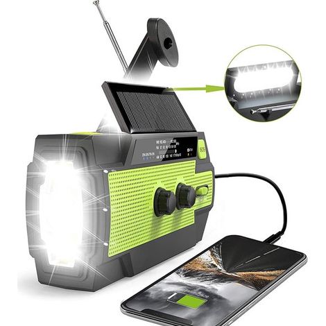 Radio - Radio d'urgence solaire à remontage manuel avec batterie - Kit de survie portable - 4000 mAh - Batterie externe solaire - Radio de chantier - Lampe torche - Verte (1/4)