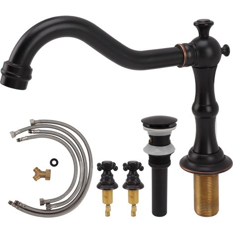 Robinet de lavabo vintage noir, double commande, mélangeur eau chaude/froide, laiton massif brossé, style européen, pour salle de bain (1/5)