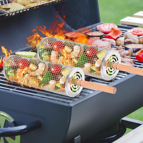 Lot de 2 paniers à griller à roulettes avec poignée en bois, panier cylindrique en acier inoxydable, accessoire de barbecue pour pique-nique en extérieur, accessoire de barbecue adapté aux hommes (1/5)