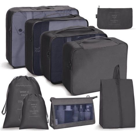 Set mit 8 Reisegepäck-Organizern, Gepäckaufbewahrungswürfeln, Kleidersäcken, Kosmetiktaschen, Schwarz