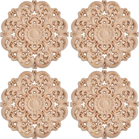 4pcs D'Appliques Rondes en Bois de 10cm Sculptures de Fleurs Sculptées en Bois Non Peintes Autocollants Décoratifs pour Placard Mural Miroir Cheminée Porte Lit Armoire Plafond Commode (1/5)