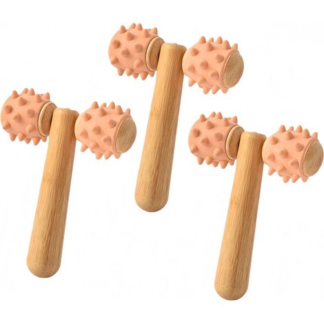 Lot de 3 - Masseur portable en forme de T avec deux roues - Masseur portatif à rouleaux - Massage des méridiens et des muscles - 14 x 11 cm - Rose (1/5)