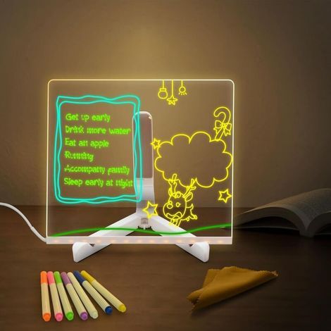 Light up Memo,LED Message Board with 7 Colors Pen/Stand,Acrylic Board 20x20CM,Acrylic Dry Erase Board,Desktop Note Memo Illuminated Wordpad,Arts Doodle Notepad for Child Home School Office (1/4)