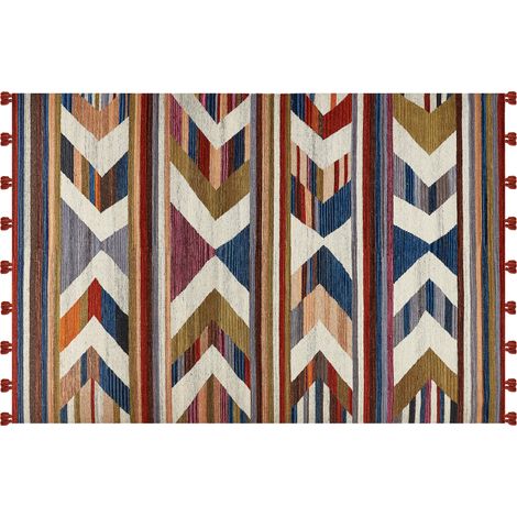 Alfombra kilim de lana azul rojo verde 200 x 300 cm a mano a rayas borlas Mrgashat