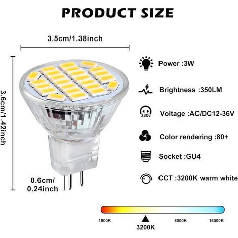 MR11 GU4 LED 3 W Blanc Froid 6500 K, Équivalent Halogène 25–35 W, 350 lm, 12 V AC/DC, Angle 120°, Non Dimmable, Lot de 6 (1/3)