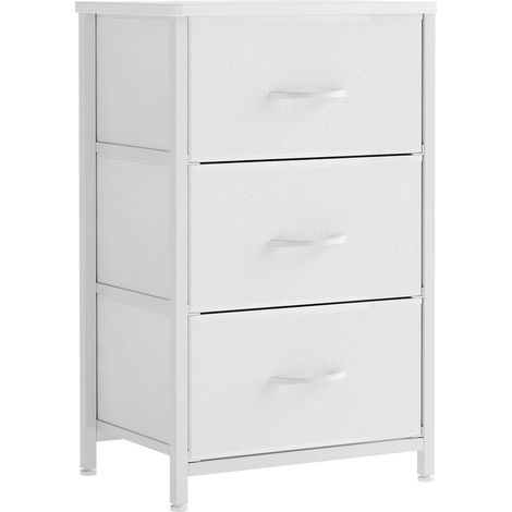 Chest of Drawers with 3 Drawers, Bedside Table, Fabric, Storage Room, Hallway, Cupboards, Steel Frame, Wooden Top, White (1/5)