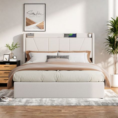 Lit coffre 140x200 cm avec 2 USB et 1 Type-C, Lit 140x200 cm avec Sommier à Lattes et Rangement, Cadre de Lit 2 Personnes, Tissu en lin, Beige (1/5)