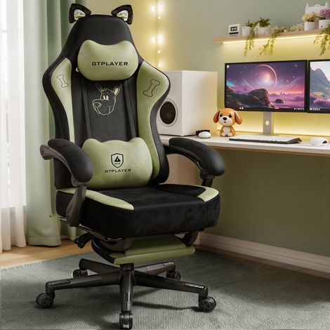 Chaise de Gaming Ergonomique en Velours avec Oreilles de Chat, Mousse à mémoire de Forme et Repose-Pieds, 150 kg, Vert (1/5)