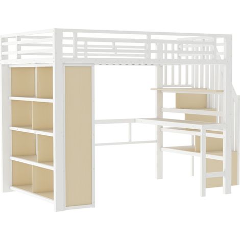 Lit mezzanine 140 x 200 cm, cadre en fer, avec bureau, étagère, bande lumineuse LED, escalier avec rangement, sans matelas, blanc