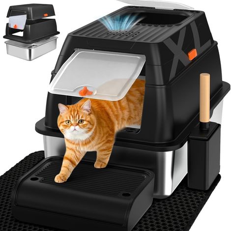XL Cat Litter Tray, Stainless Steel Litter Tray with Lid, Cat Litter Box, Scoop+Mat+Step Stool - 60 x 40 x 39.5 cm (Black) (1/5)