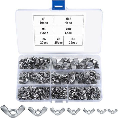 Lot de 100 écrous papillon (à oreilles) en inox 304 — assortiment M3/M4/M5/M6/M8/M10/M12 (1/5)