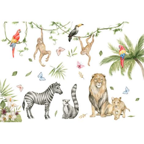 Stickers Muraux Animaux de la Jungle Autocollants Muraux Mural Stickers Safari Singe pour Chambre Enfants Bébé Pépinière Salon 2PCS