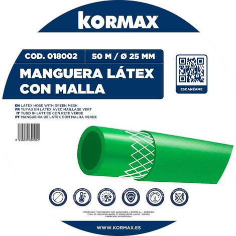 KORMAX manguera latex c/malla 25 mm verde 16 bar , Manguera de Látex con Malla para Riego 25 mm Kormax.
- Manguera de látex reforzado con malla, ideal para riego de jardines, huert (1/5)