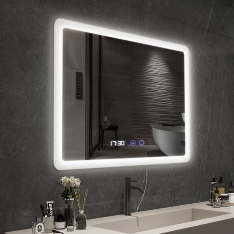 Miroir Salle de Bain avec Éclairage LED 80x60 cm, Luminosité Dimmable et 3 Couleurs Réglables, Fonction Antibuée, Affichage numérique Horloge et Température, Étanche Ip44, Blanc