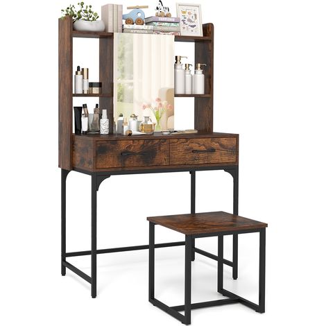 COSTWAY Vanity Desk Wide Makeup Dressing Table with Power Outlets-Brown (1/5)
