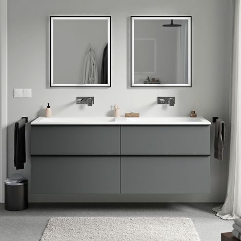 Badmöbel Unterschrank Bernstein LAVOA 160cm mit Mineralguss Waschbecken CREAM Badmöbel: Anthrazit matt, Metallgriff: Chrom, Waschbecken: Weiß matt ohne Hahnloch