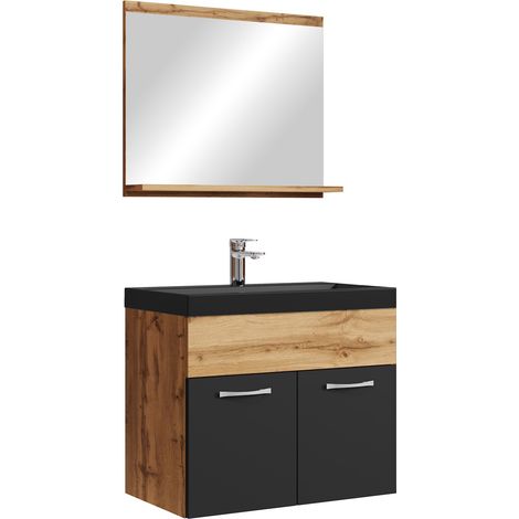Badplaats – Meuble double vasque suspendu 60 cm – Chêne avec vasque noire en résine – 2 portes battantes – Miroir avec tablette intégrée