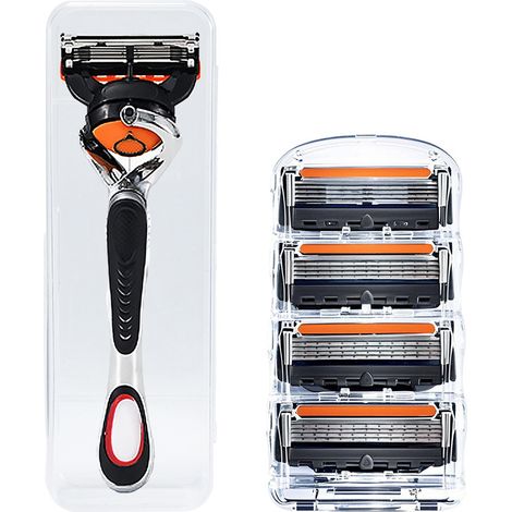 rasoir electriques hommes-Paquet de 4 lames de rasoir 5 plis orange et noires pour hommes + manche de rasoir et boîte de rangement - Compatibles avec la plupart des rasoirs
