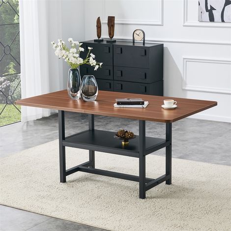 Table à Manger Design Industriel en Noyer - 160x90x76cm - Table de Cuisine 4-6 Personnes avec Étagère - Noyer et Métal Noir (1/5)