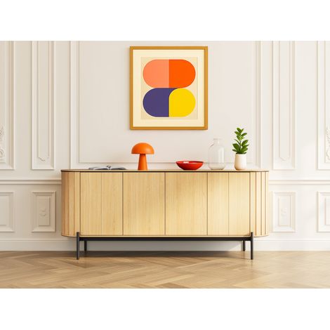 Bobochic – Buffet arrondi 4 portes 200 cm – Façades striées en chêne clair – Pieds en métal noir – 6 étagères pour rangement optimisé (1/5)