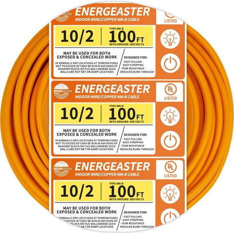 Fil de cuivre 10/2 NM-B, avec fil de cuivre électrique intérieur de terre, fil de calibre 10, câble en cuivre gainé non métallique (30,5 m, orange) (1/5)