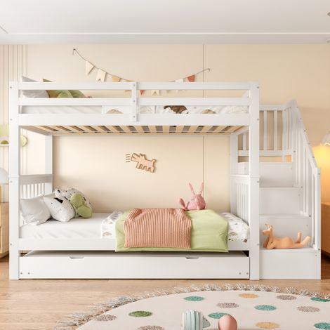 Cama litera moderna 90x200 cm de pino y MDF blanco, con escalera estantería, cama nido extraíble y barandillas altas (1/5)