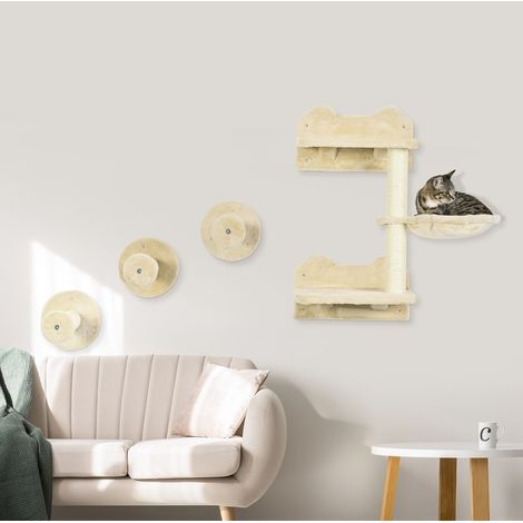 Rascador de pared para gatos 4 piezas beige 40 x 28 x 73 cm con hamaca y poste rascador OKWISH (1/5)