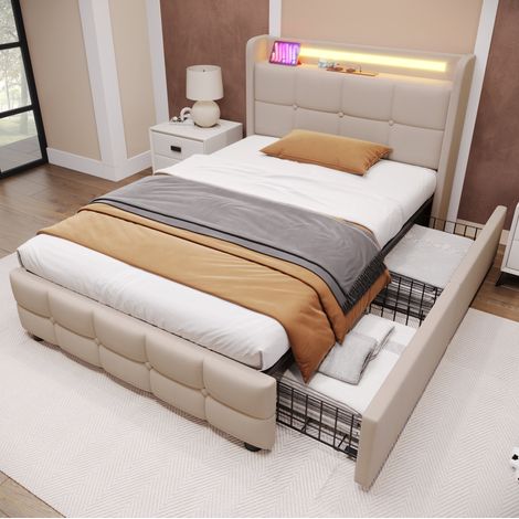 lit adulte chambre rangement LED USB 90x200 beige OKMYHOME (1/5)