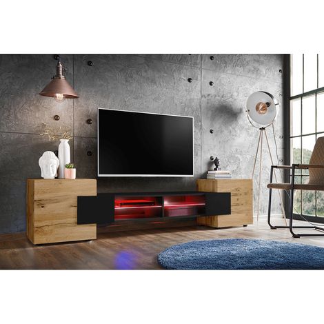 Komodee, Meuble Banc TV Merano, Wotan/Black/Wotan, Éclairage LED Multicolore, Largeur 230 cm x Hauteur 52,5 cm x Profondeur 35 cm, sans LED, pour Salon, Chambre (1/4)