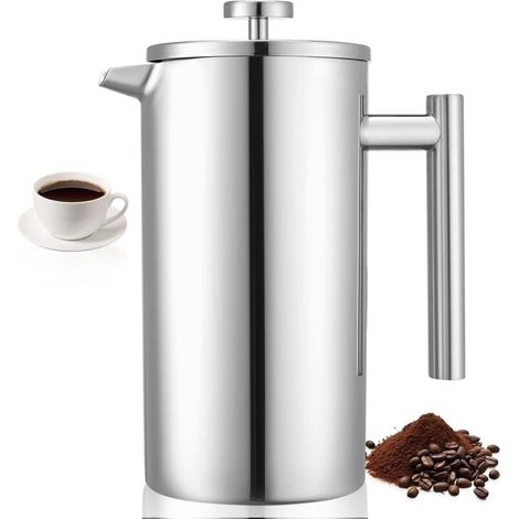 Cafetière à piston française, 1,5 litre (51 onces), en acier inoxydable, avec filtre, grande capacité, double paroi isolée, idéale pour le café infusé à froid,etc, argent, xu-kzq (1/4)