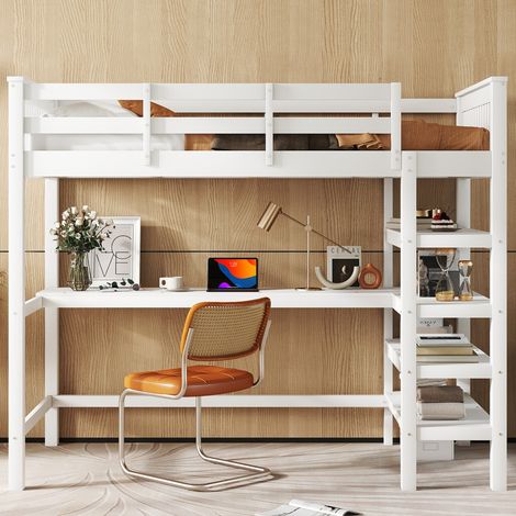 Lit mezzanine 90x200 cm blanc pour enfant, avec étagères de rangement et bureau intégré, sans matelas, lit surélevé.