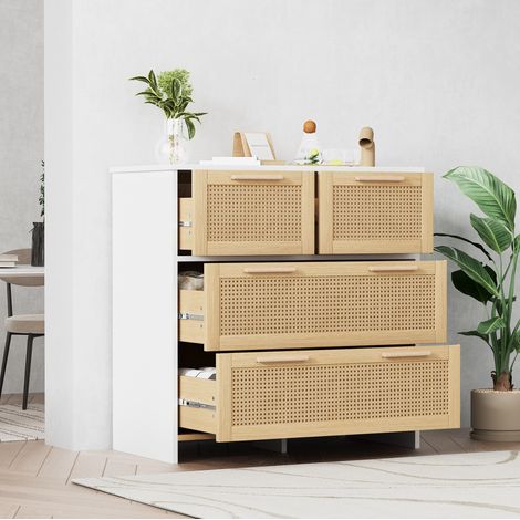 Commode 80x38x80 cm naturel et blanc en MDF avec 4 tiroirs en rotin et dispositif anti-basculement (1/5)